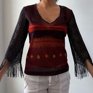 Parasuco Burgundy and Black Fringe Sleeve Mesh Top - Medium